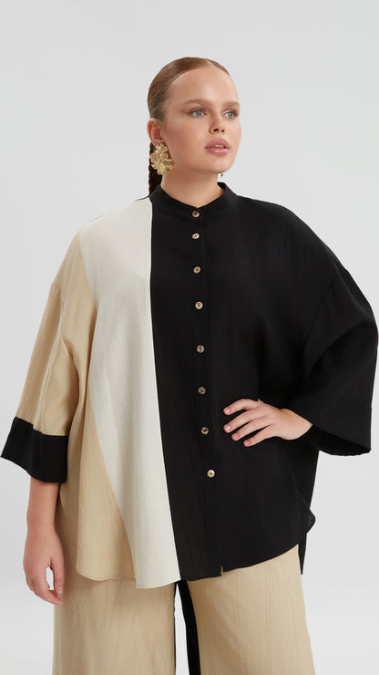 Block contrast button-through shirt | Black | by Mat