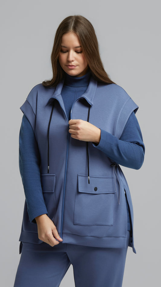 Jersey drawstring waist zip-through gilet | Denim Blue | by Mat