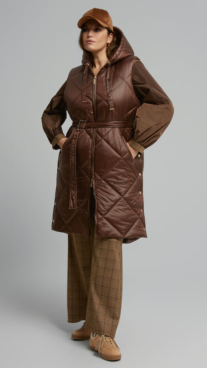 Quilted hooded gilet w/ removable belt | Chocolate | by Mat