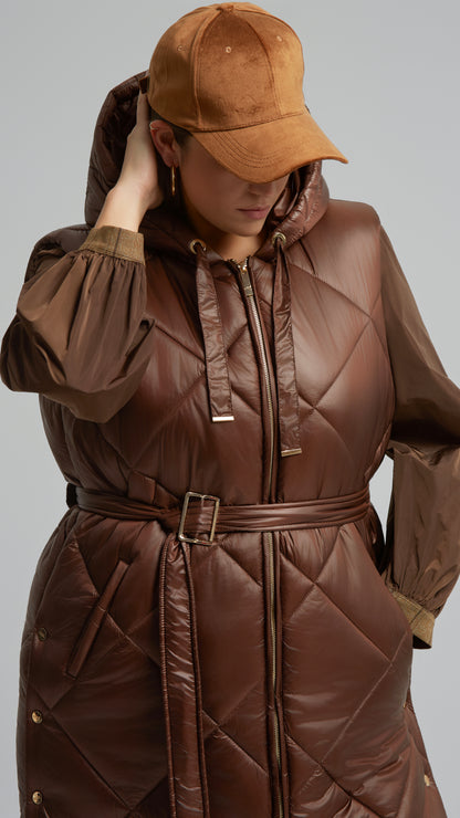 Quilted hooded gilet w/ removable belt | Chocolate | by Mat