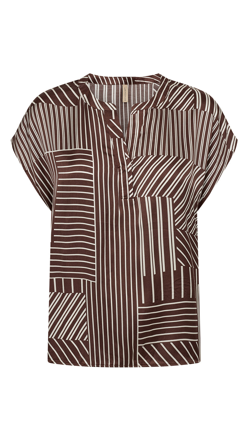 Satin-feel geometric print notched v-neck short sleeve blouse |Brown | by Soya Concept