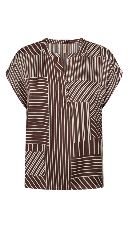 Satin-feel geometric print notched v-neck short sleeve blouse |Brown | by Soya Concept