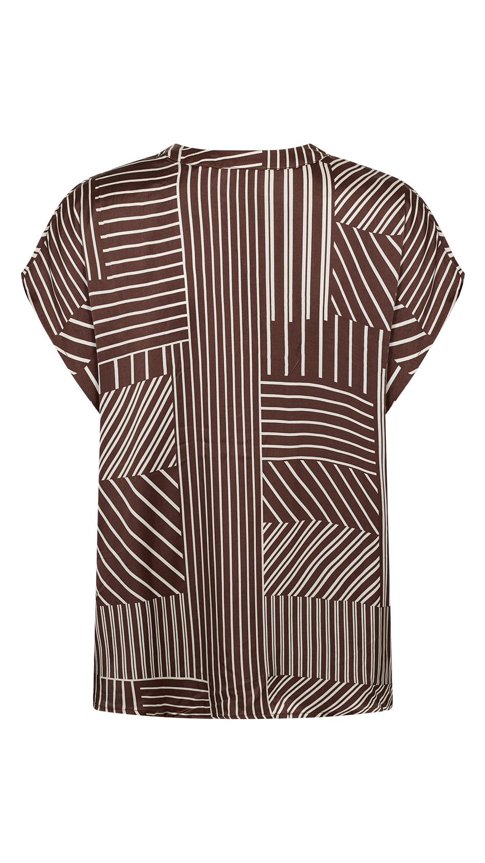 Satin-feel geometric print notched v-neck short sleeve blouse |Brown | by Soya Concept