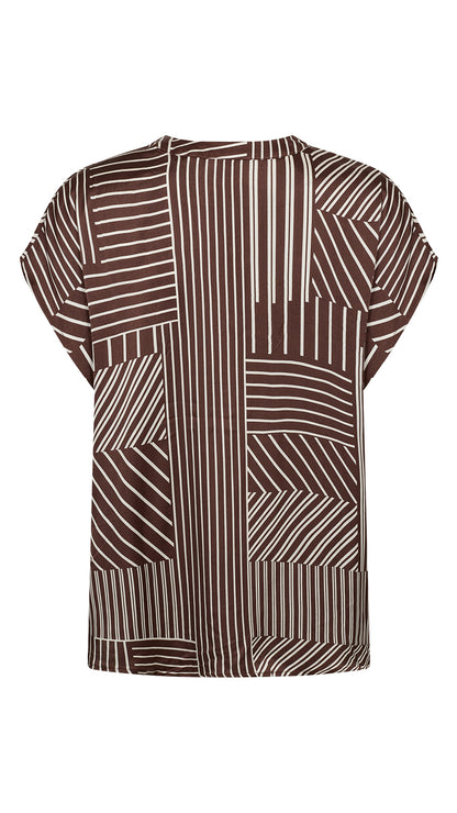 Satin-feel geometric print notched v-neck short sleeve blouse |Brown | by Soya Concept