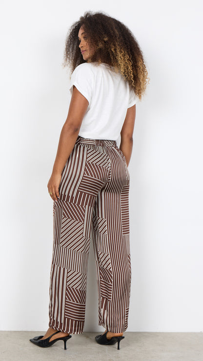 Satin-feel geometric print pull-on wide-leg trousers | Brown | by Soya Concept
