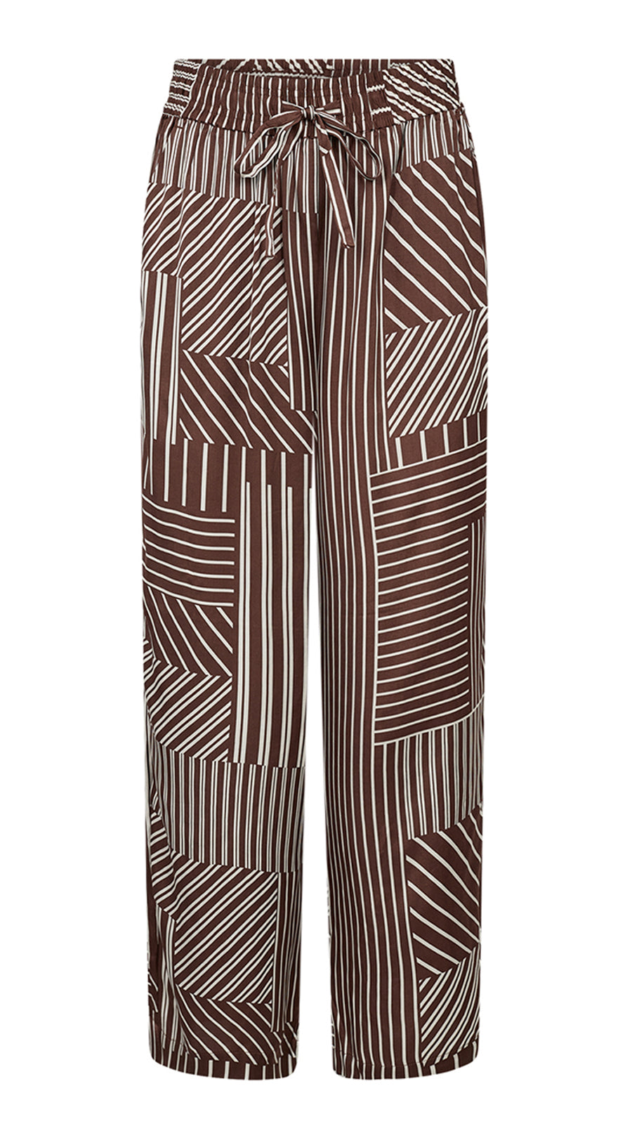 Satin-feel geometric print pull-on wide-leg trousers | Brown | by Soya Concept