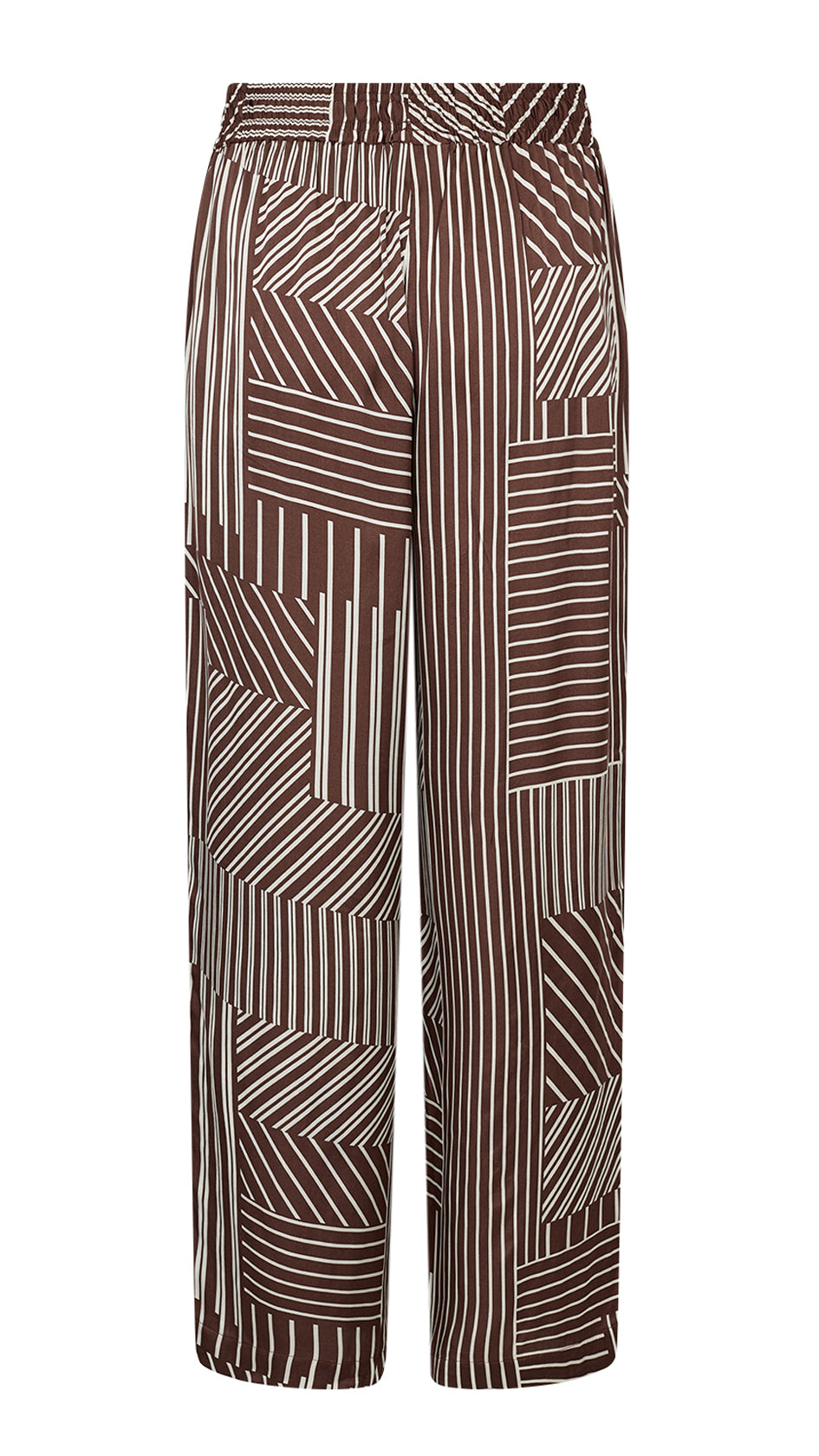 Satin-feel geometric print pull-on wide-leg trousers | Brown | by Soya Concept