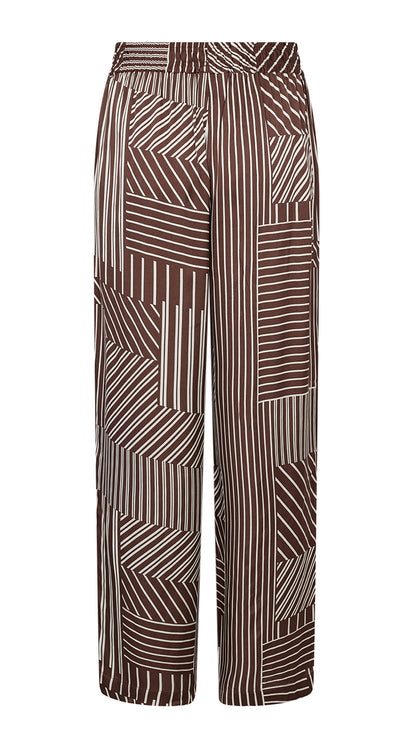 Satin-feel geometric print pull-on wide-leg trousers | Brown | by Soya Concept