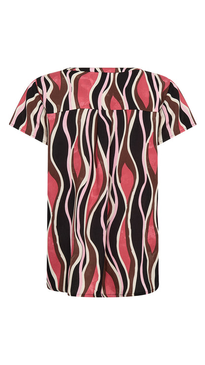 Print notched v-neck short sleeve top | Pink | by Soya Concept
