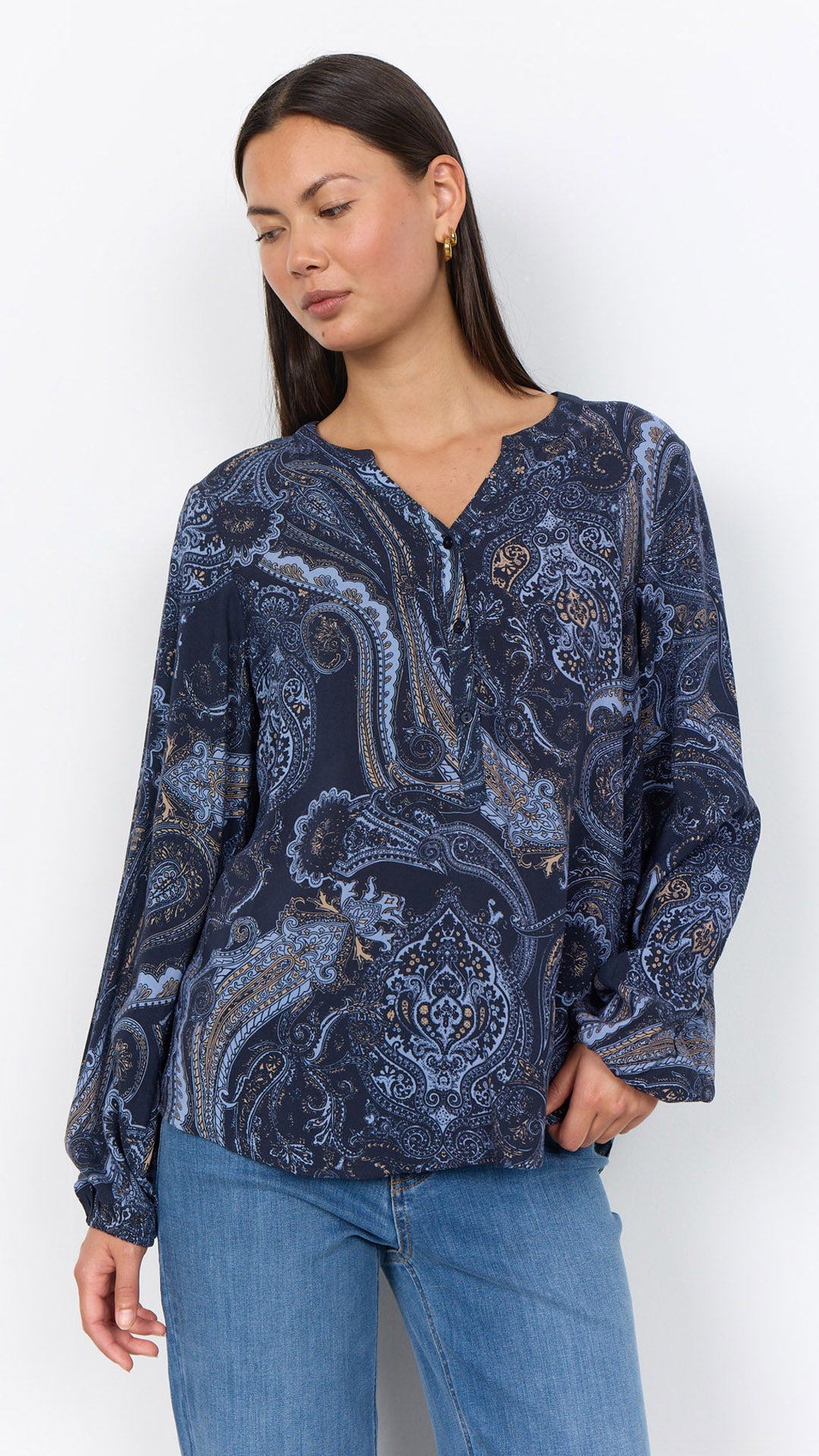 Paisley print half button blouse | Navy/Camel/Blue | by Soya Concept