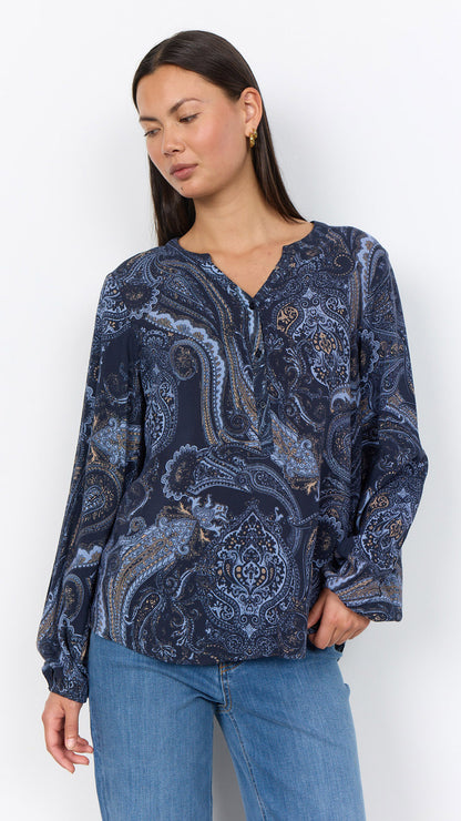 Paisley print half button blouse | Navy/Camel/Blue | by Soya Concept