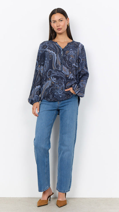 Paisley print half button blouse | Navy/Camel/Blue | by Soya Concept