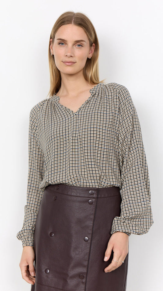 Notched v-neck houndstooth print blouse | Navy/Chocolate/Blue | by Soya Concept