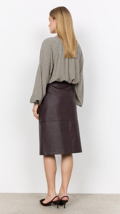 Notched v-neck houndstooth print blouse | Navy/Chocolate/Blue | by Soya Concept