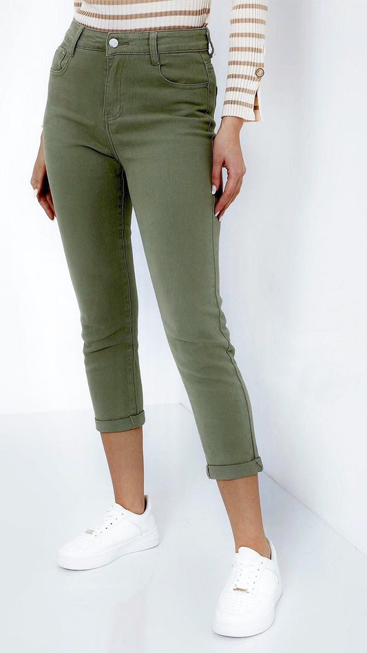 Stretch denim cropped mom jeans (Khaki) - last 1s