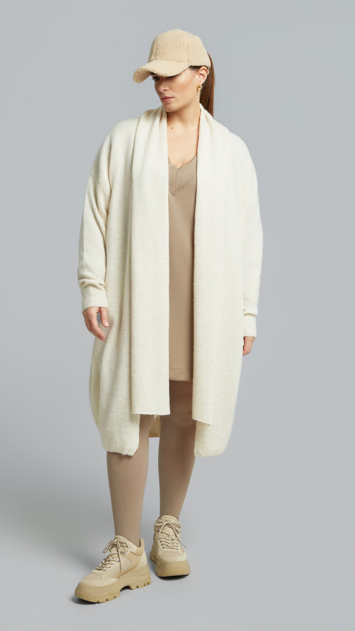 Edge-to-edge longline cardigan w/ scarf tie | Off White | by Mat