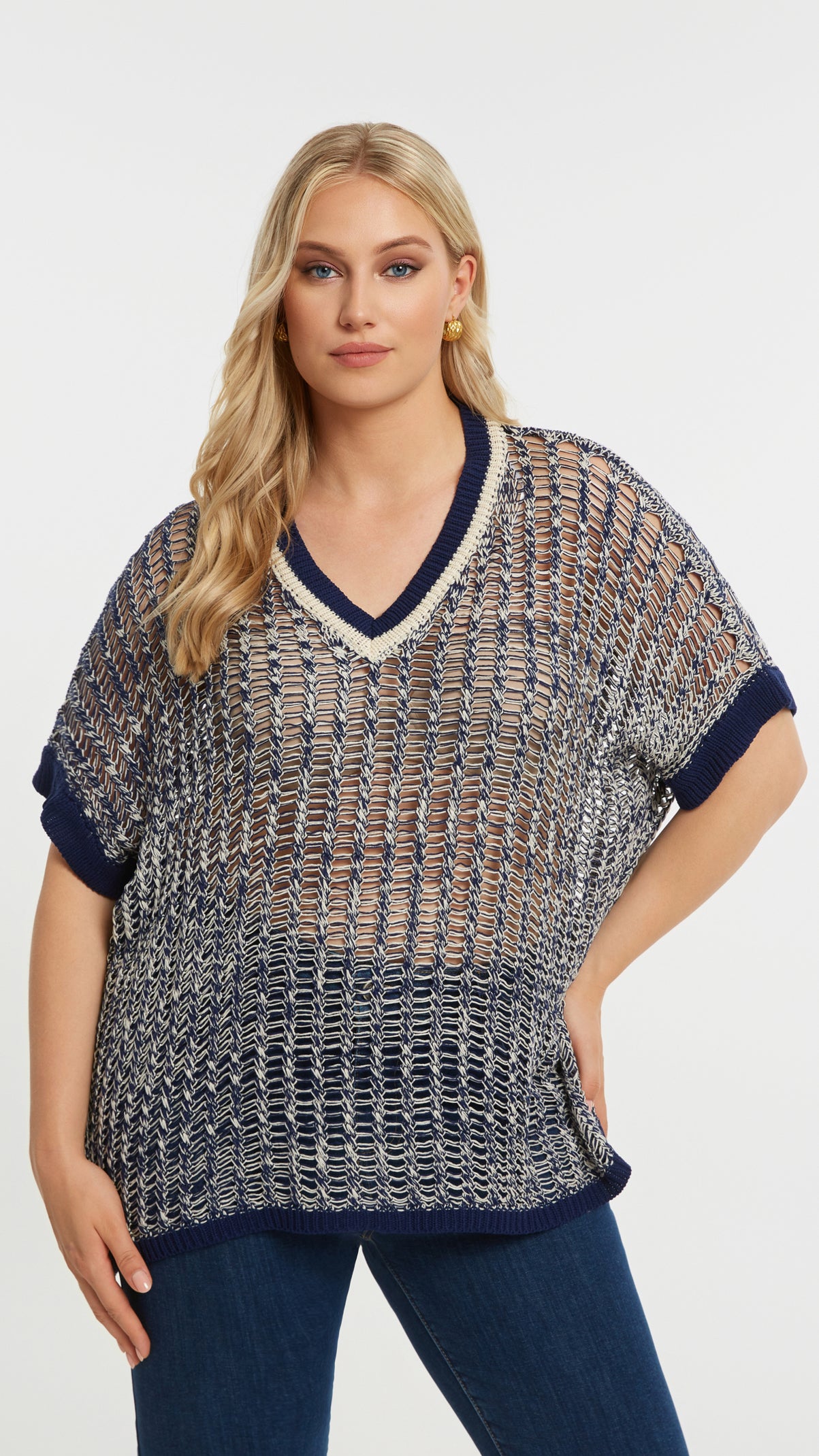 Open knit v-neck top | Dark Blue/Vanilla | by Mat