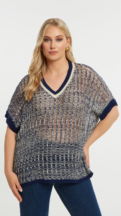 Open knit v-neck top | Dark Blue/Vanilla | by Mat
