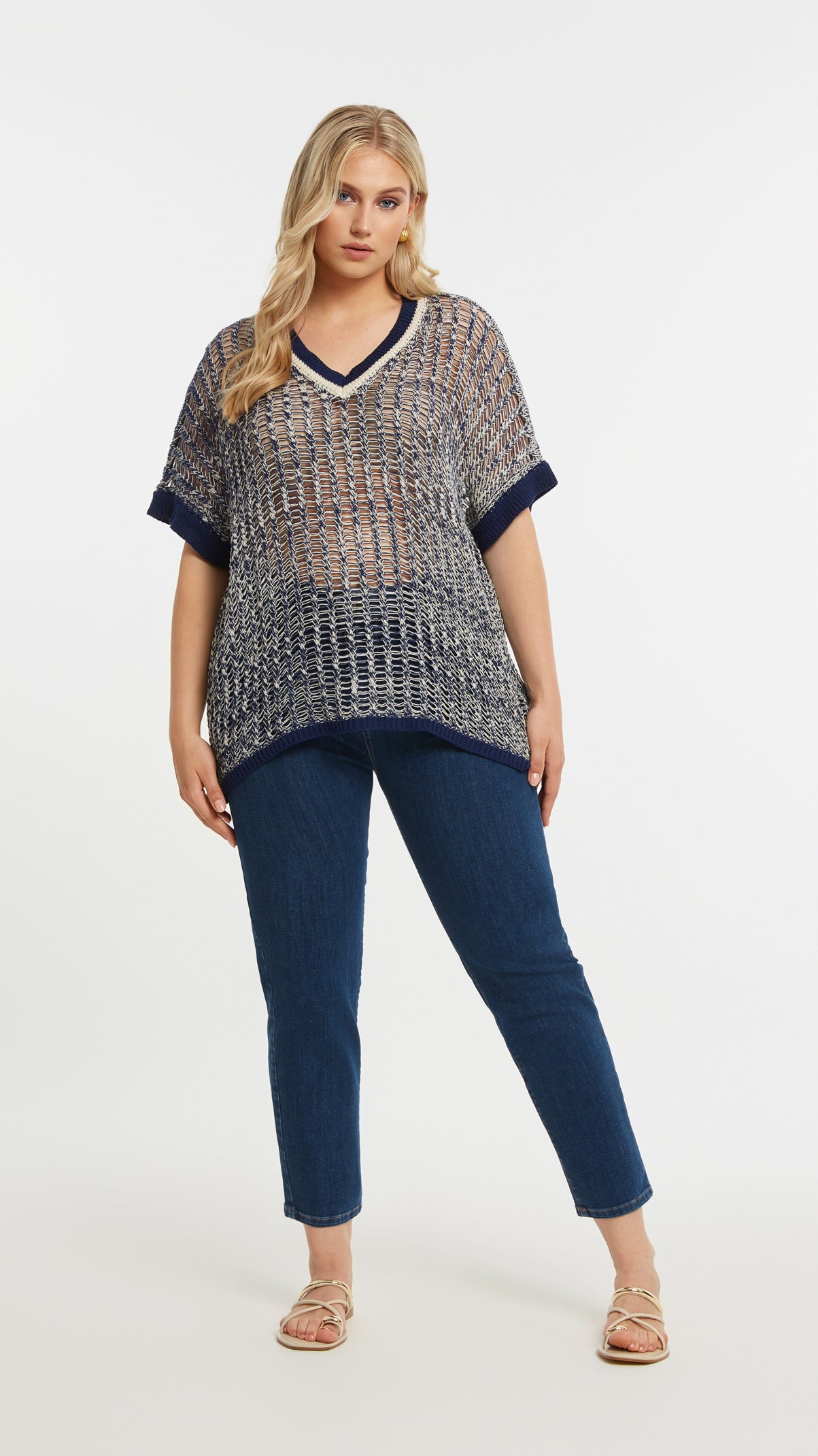 Open knit v-neck top | Dark Blue/Vanilla | by Mat