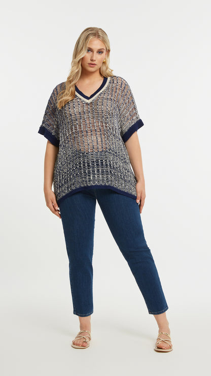 Open knit v-neck top | Dark Blue/Vanilla | by Mat