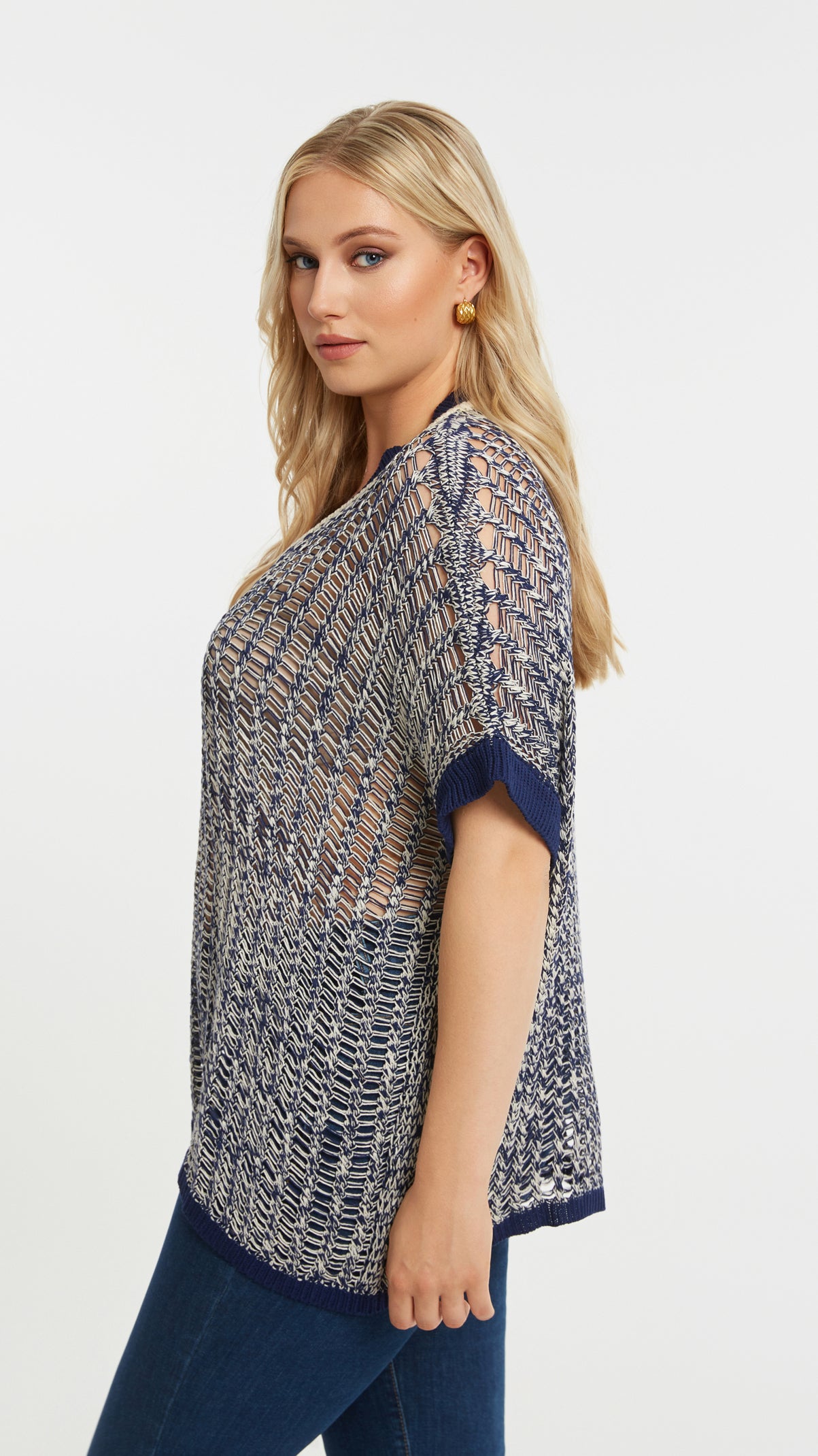 Open knit v-neck top | Dark Blue/Vanilla | by Mat