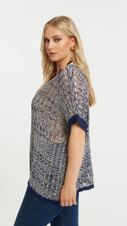 Open knit v-neck top | Dark Blue/Vanilla | by Mat