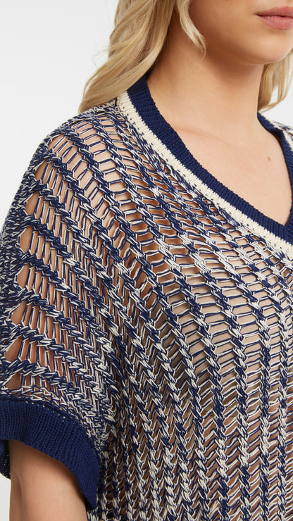 Open knit v-neck top | Dark Blue/Vanilla | by Mat