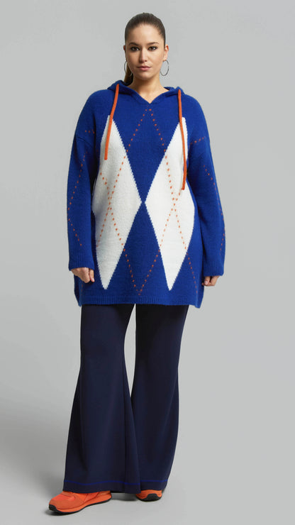 Knitted argyle hooded jumper | Cobalt Blue | by Mat