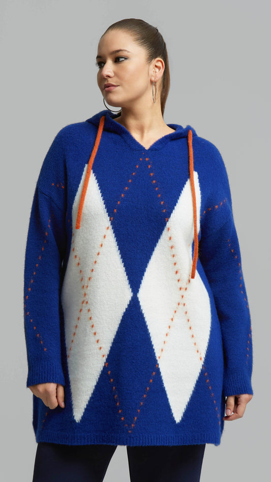 Knitted argyle hooded jumper | Cobalt Blue | by Mat