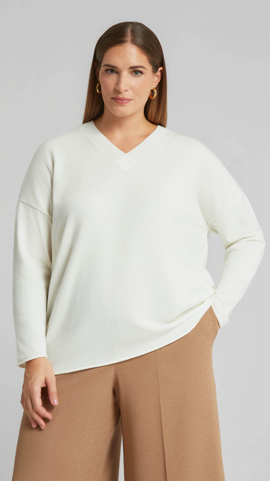 Square cut ribbed v-neck jumper | Off White | by Mat