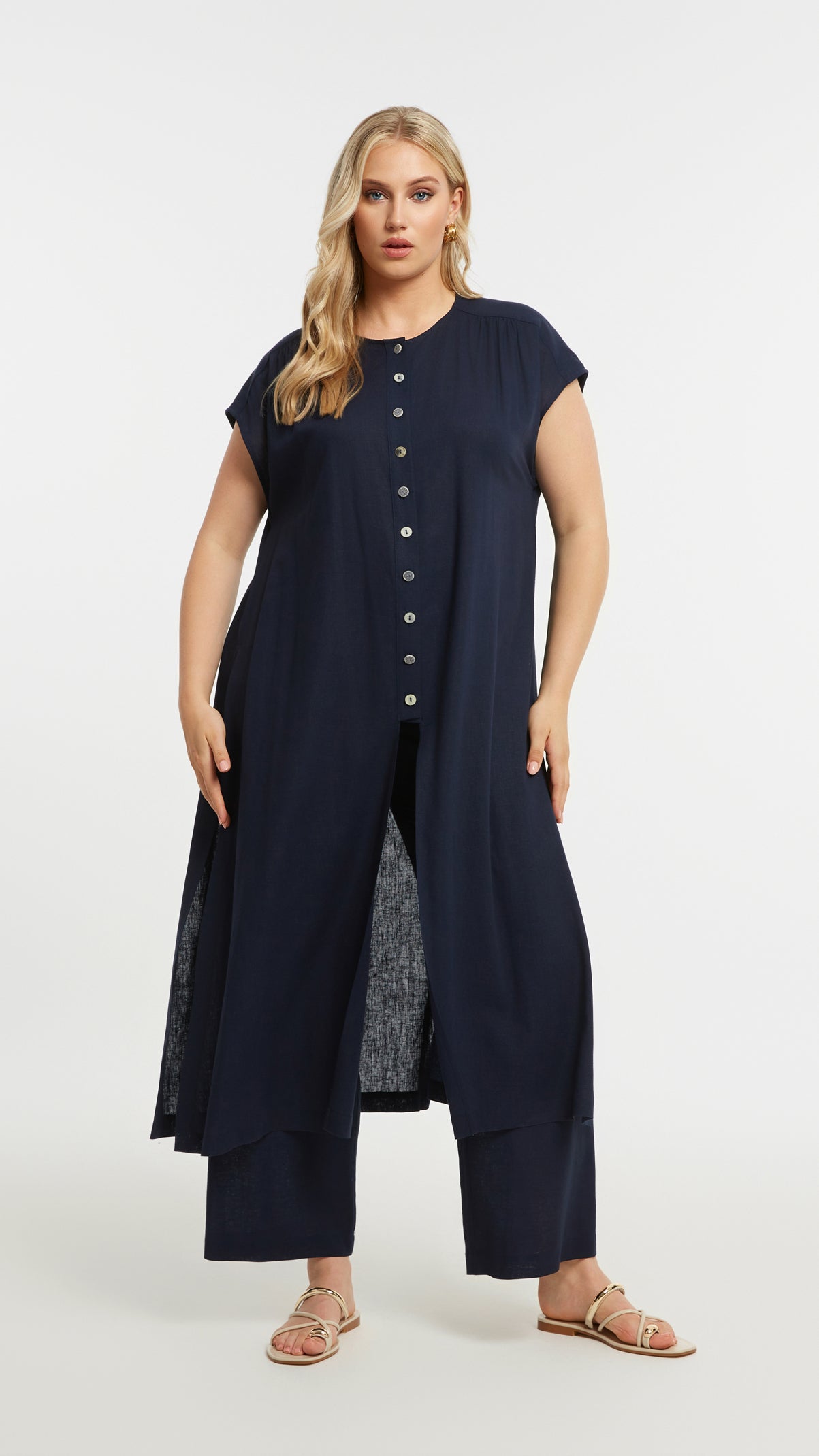 Button detail split front long tunic | Blue | by Mat