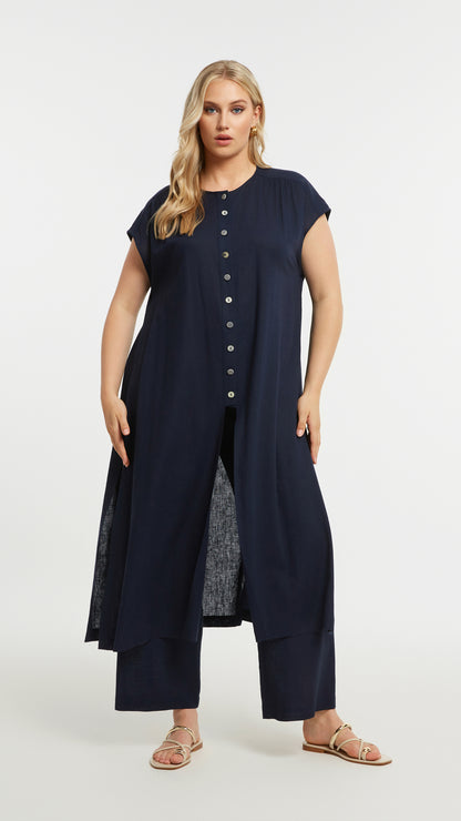 Button detail split front long tunic | Blue | by Mat