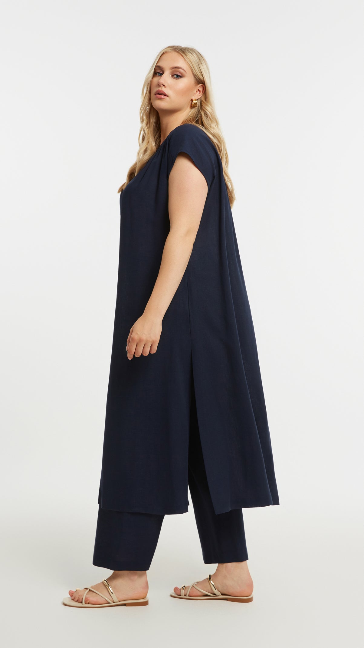 Button detail split front long tunic | Blue | by Mat