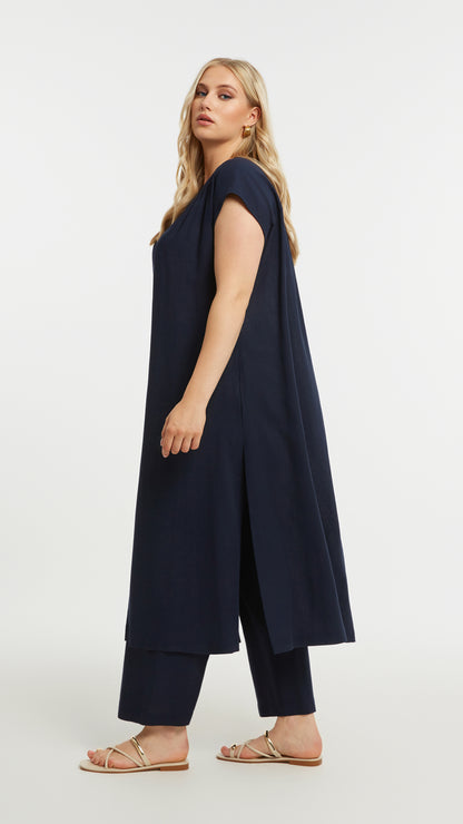 Button detail split front long tunic | Blue | by Mat