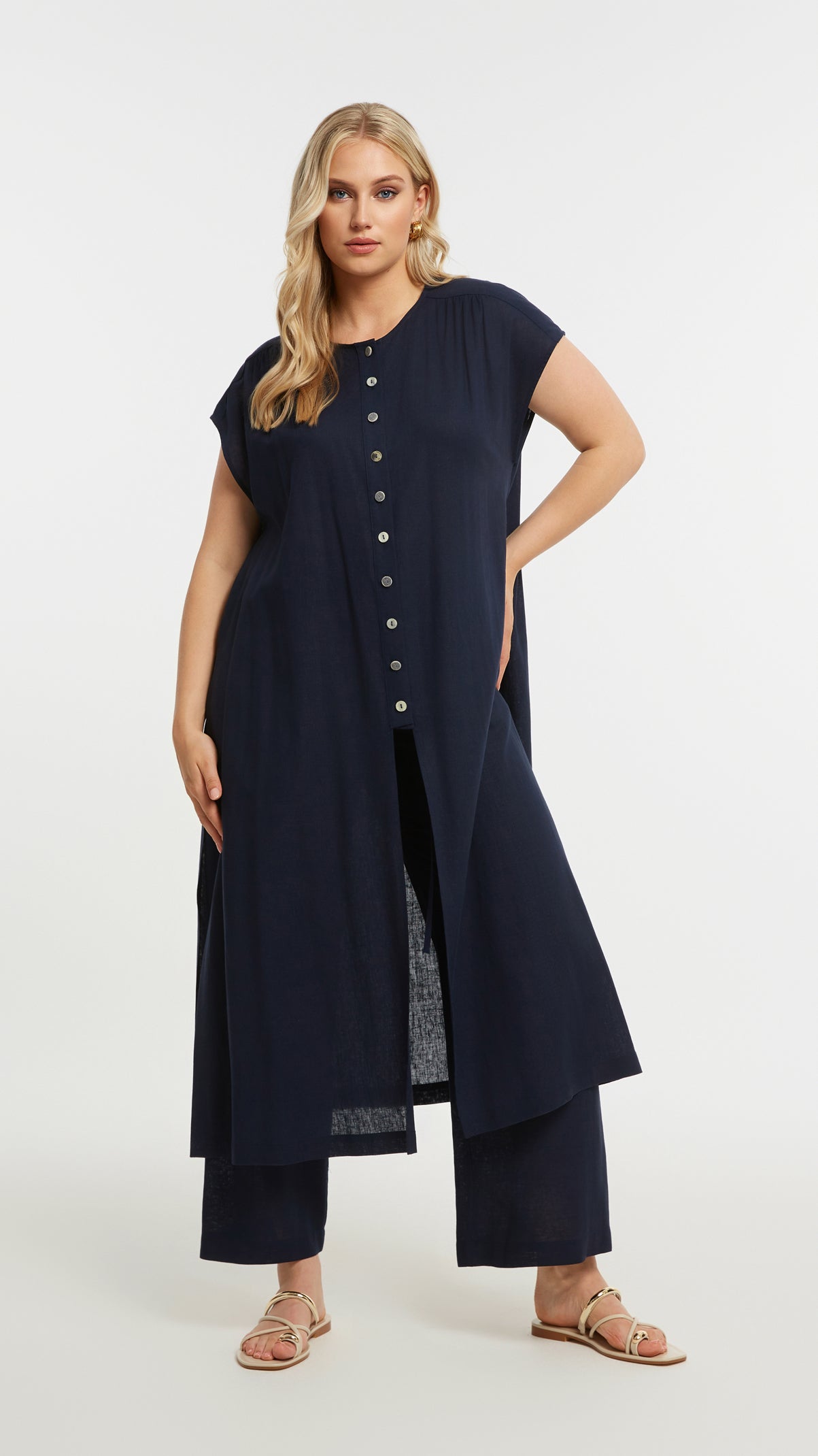 Button detail split front long tunic | Blue | by Mat