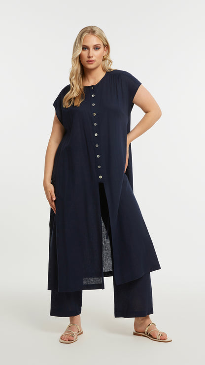 Button detail split front long tunic | Blue | by Mat