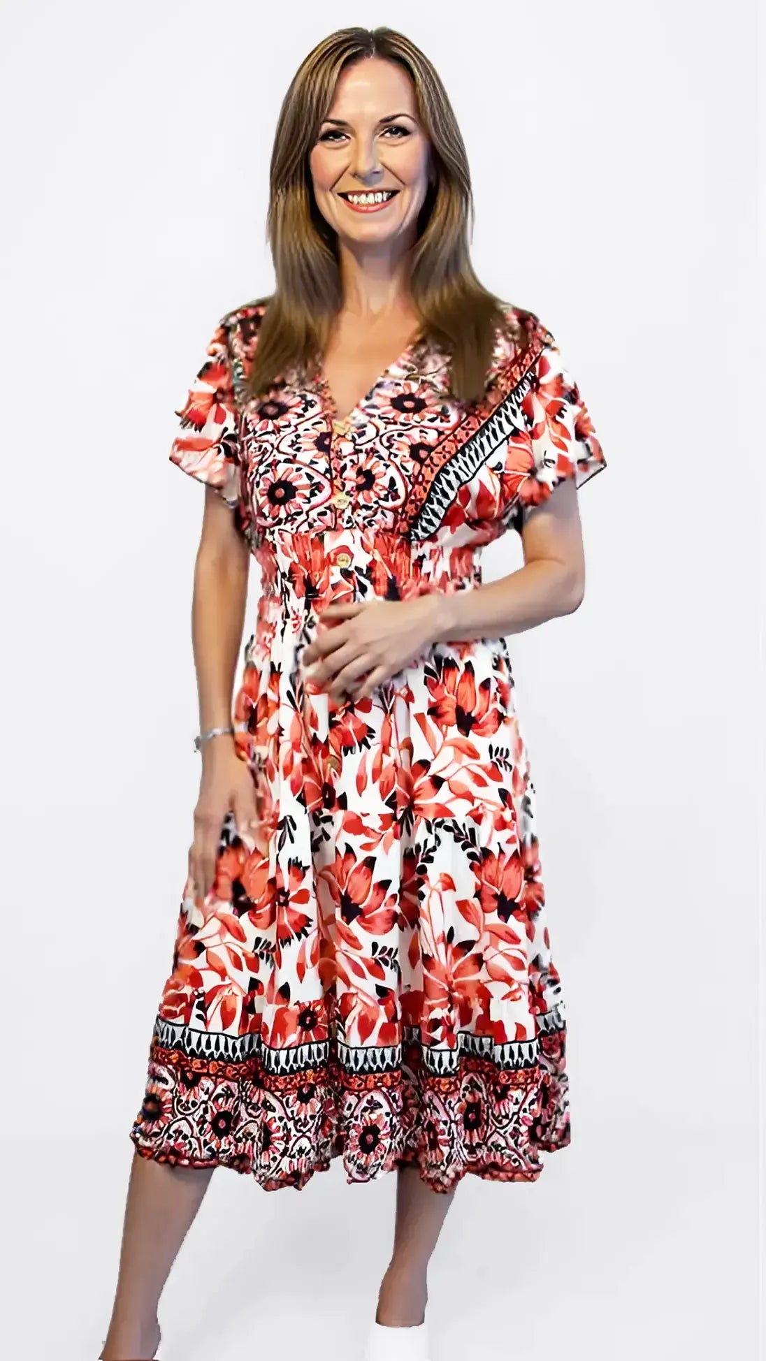 Cotton flower border v-neck midi dress | 2 Colours
