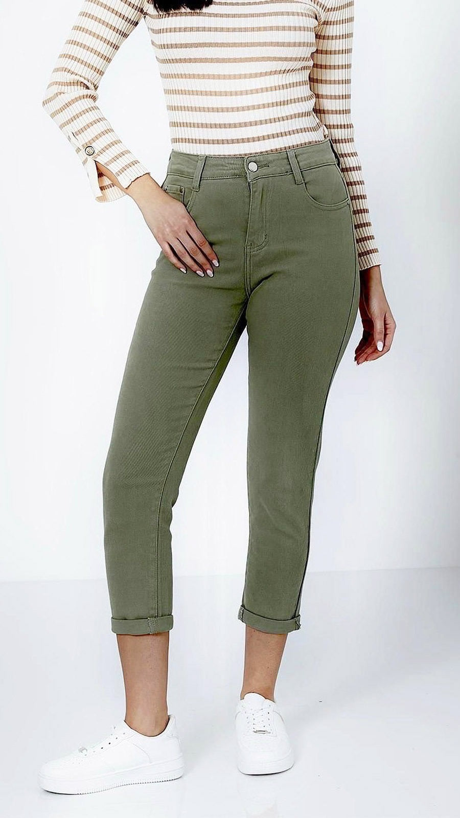 Stretch denim cropped mom jeans (Khaki) - last 1s