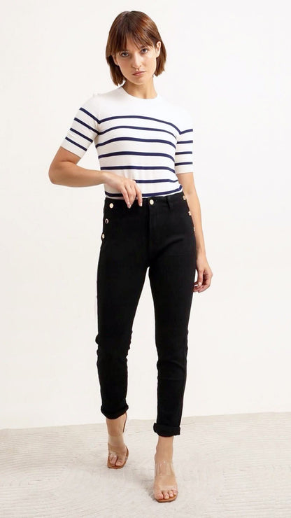 Button detail stretch denim mom jeans (2 Colours)