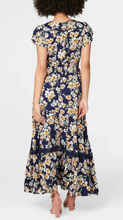 Button-through v-neck frill-sleeve floral maxi dress | Navy Multi