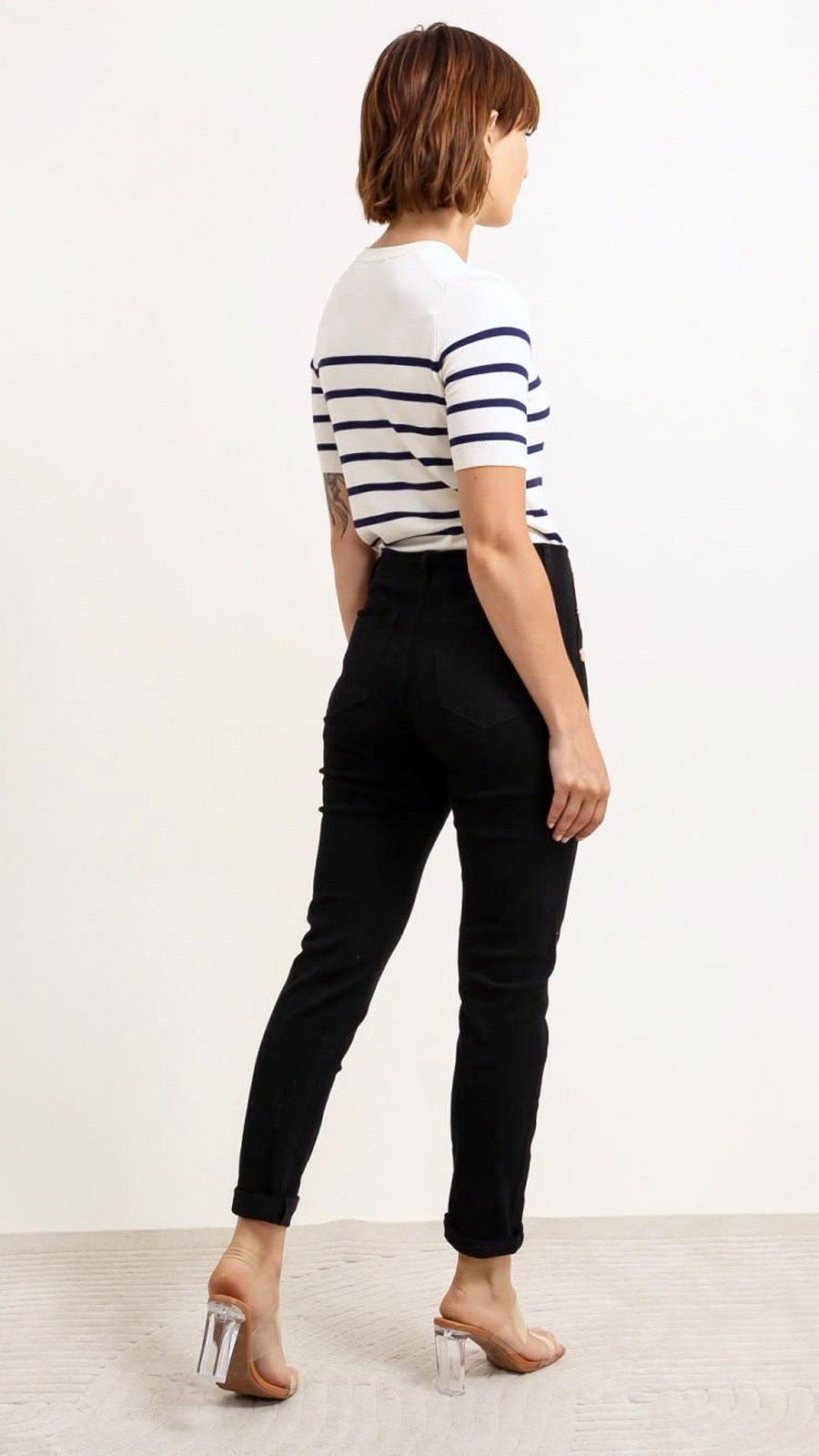 Button detail stretch denim mom jeans (2 Colours)