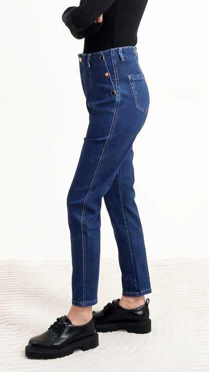 Button detail stretch denim mom jeans (2 Colours)