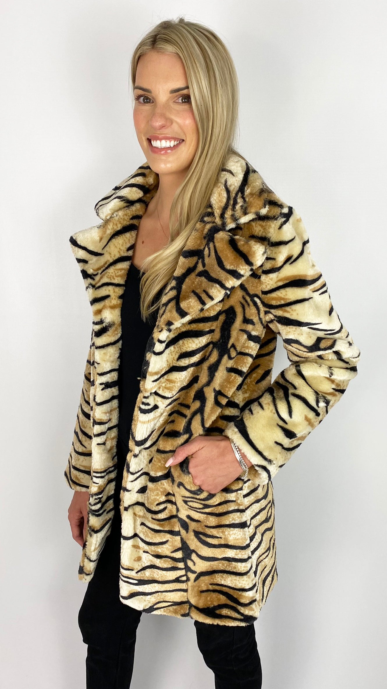 Tiger print faux fur coat