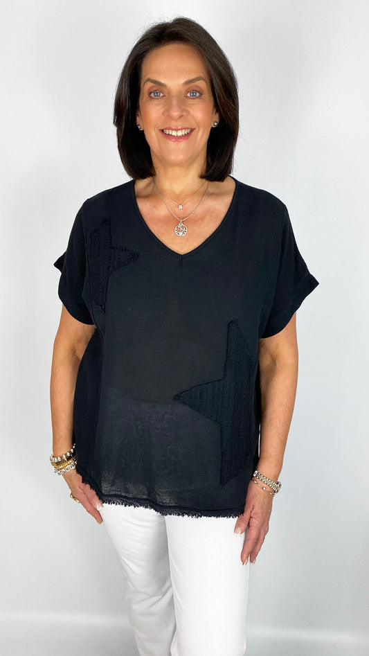 Embroidered stars cotton/linen mix top | 4 Colours