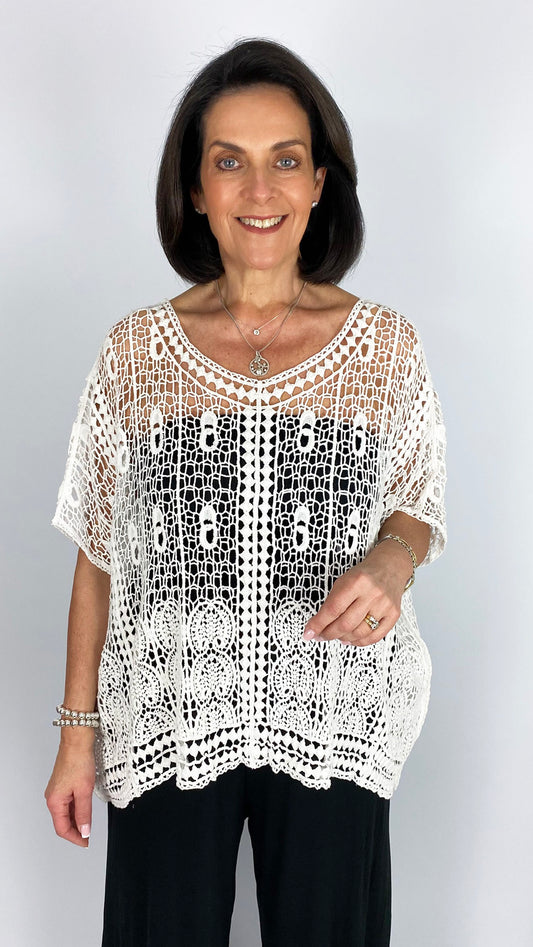 Oversized square-cut crochet top | White