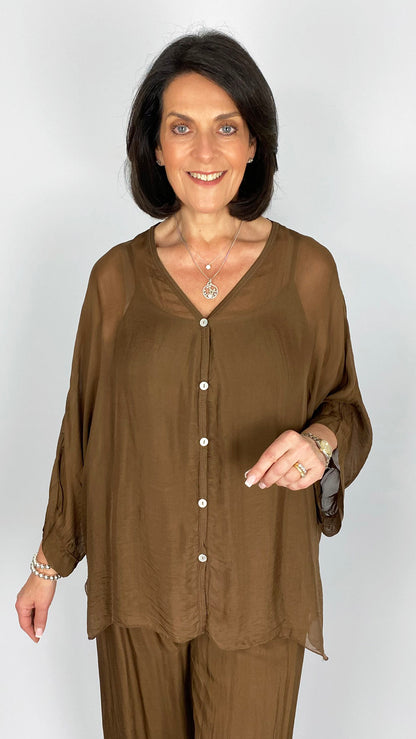 Silk button-front shirt & cami set | 3 Colours