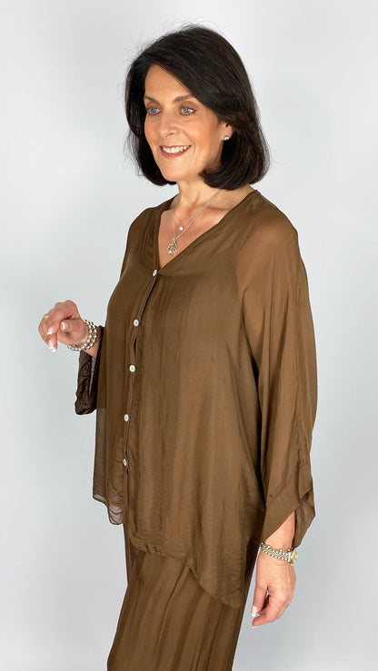 Silk button-front shirt & cami set | 3 Colours