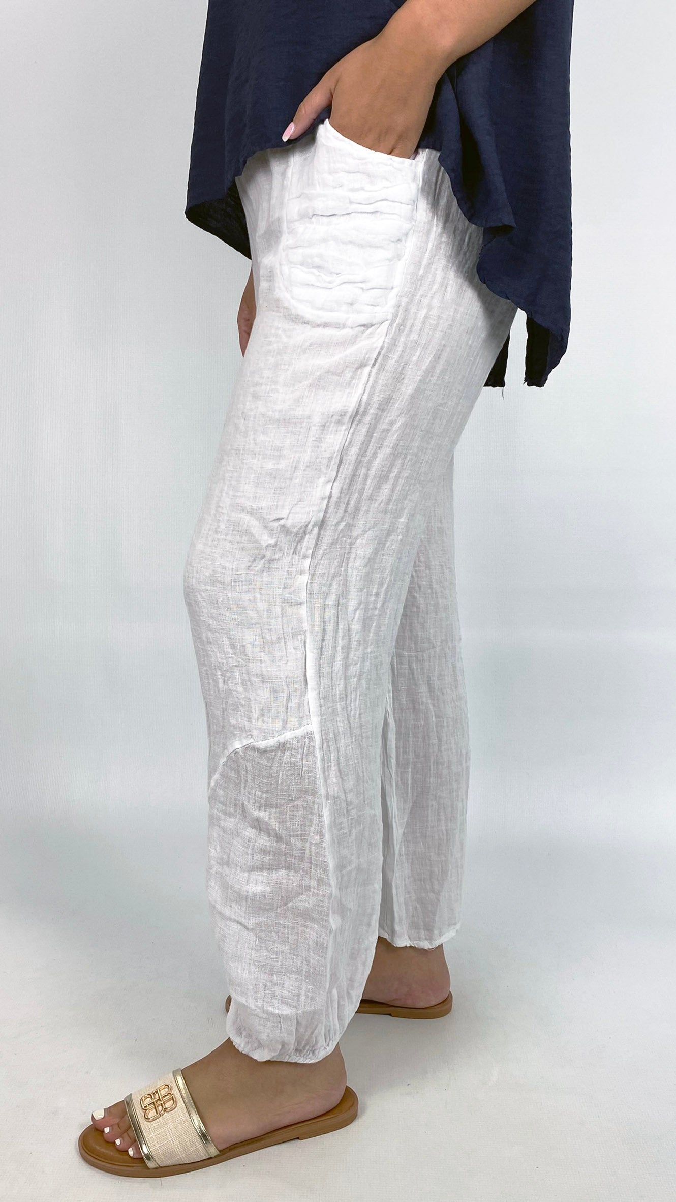 Pure linen patch pocket pants | White