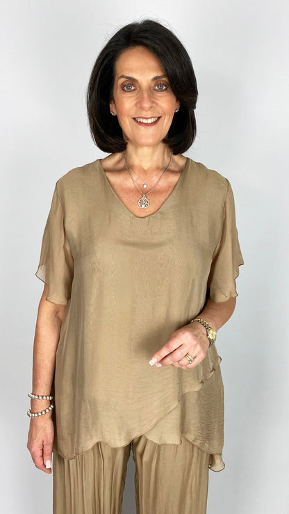Silk v-neck crossover top | Caramel