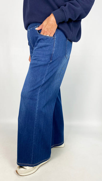 Wide waistband pull-on wide leg jeans | 2 Colours
